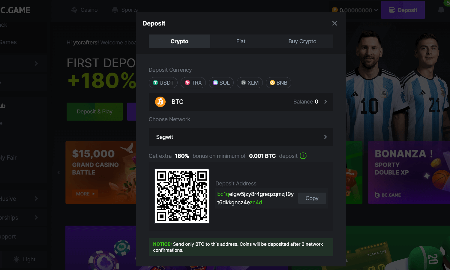 BC.GAME Einzahlungsseite