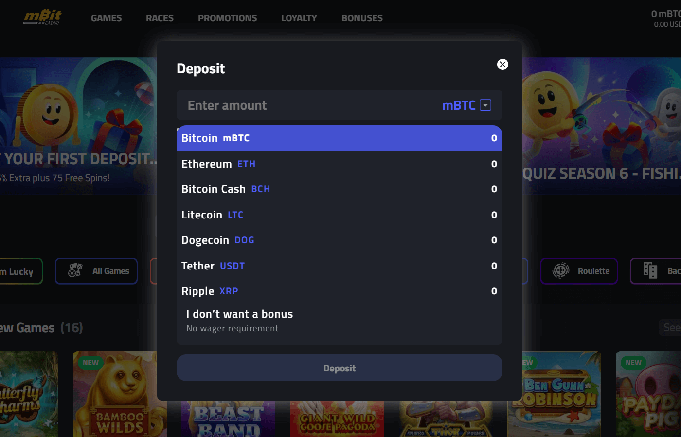 mBitcasino.io Einzahlungsseite
